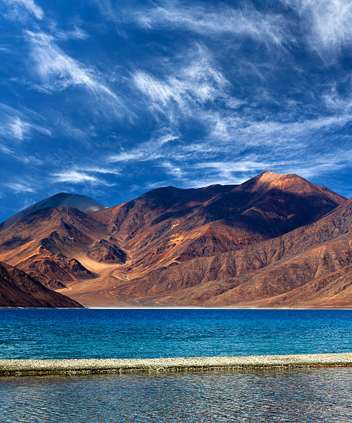 Pangong Lake in Ladakh, Jammu and Kashmir State, India Panorama of Pangong Lake in Ladakh, Jammu and Kashmir State, India. Pangong Tso is an endorheic lake in the Himalayas situated at a height of about 4,350 m. kashmir culture photos stock pictures, royalty-free photos & images