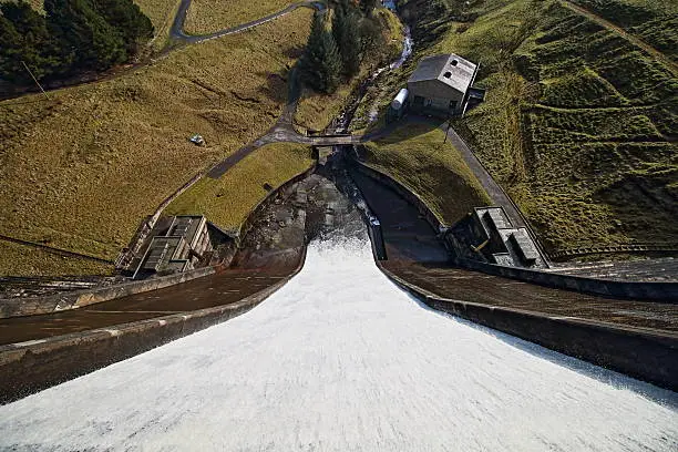 Looking over the edge of the overflow at Baitings Dam, West yorkshire, England.