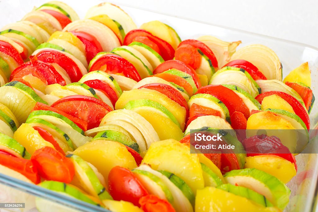 Vegetable casserole Sliced Zucchini, Tomato and Potato Casserole. Baked Stock Photo