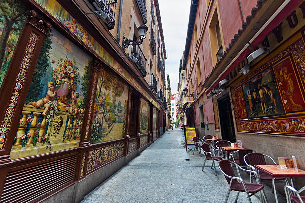 Madrid, Spain - October 26, 2015: Traditional small cafe with outdoor seating on one of the main streets of Madrid