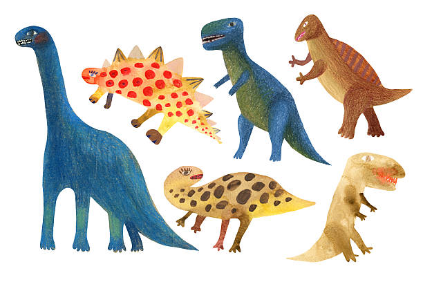 Dinosaurs Hand drawn and painted set of dinosaurs dinosaur drawing stock illustrations