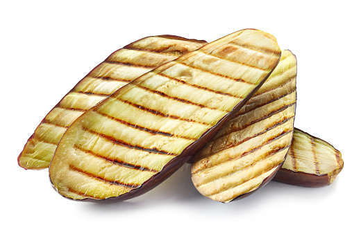 grilled eggplant slices isolated on white background