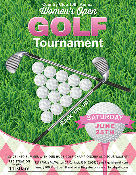ilustraciones, imágenes clip art, dibujos animados e iconos de stock de argyle mujeres plantilla de golf torneo - golf women pink ball