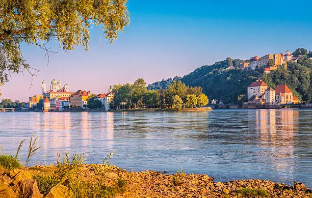 View over Passau and the three rivers corner and confluence of the Danube, Inn and Ilz on beautiful summer day.