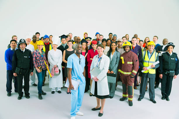 portrait of diverse workers - full length clipboard african ethnicity black imagens e fotografias de stock