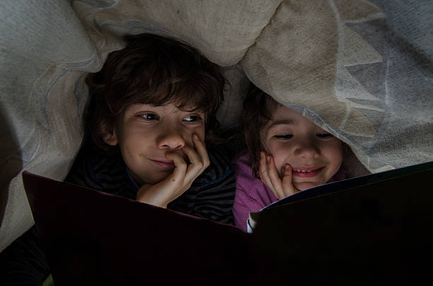 istock Little boy and girl reading under bed sheets before sleep 513438928