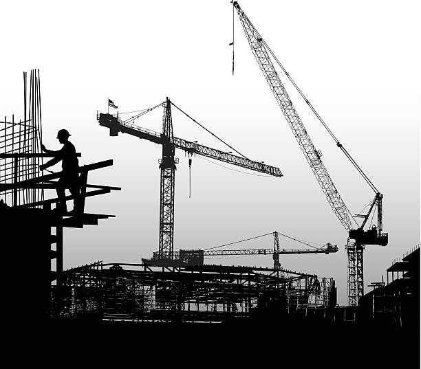 ilustrações, clipart, desenhos animados e ícones de construção dos fundamentos - silhouette crane construction construction site