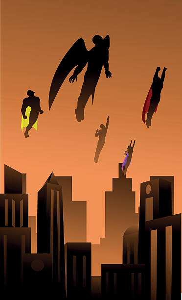 superbohaterzy pływające w mieście - superhero comic book cityscape flying stock illustrations