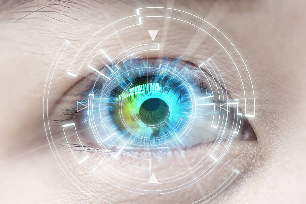istock Close-up of woman's blue eye. High Technologies, contact lens, c 513440018