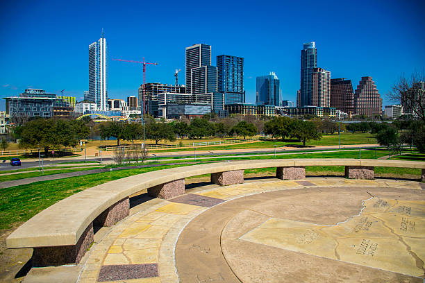 Austin Texas Skyline 2016 Austin Texas Skyline 2016 from the top of Butler Park with the entire downtown cityscape and new construction with highrises and condos and office buildings. The Hill top of Butler Park shows the Texas Map with all the major cities of Texas. Austin , Amarillo , San Antonio , Fort Worth , Dallas , Corpus Christi , Laredo , El Paso ,  el paso texas photos stock pictures, royalty-free photos & images