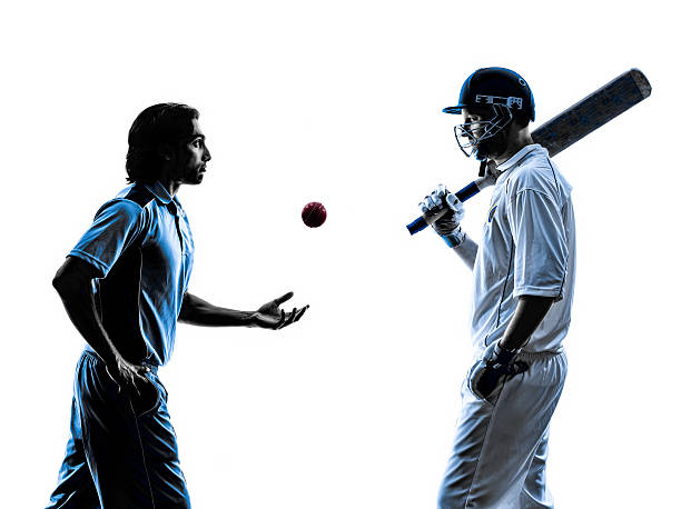 two Cricket players  silhouette two Cricket players in silhouette shadow on white background cricket player stock pictures, royalty-free photos & images