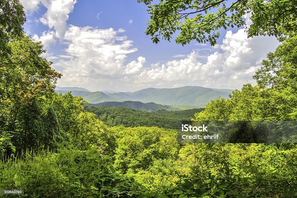 Smoky Mountain Horizon Panoramic overlook from the Great Smoky Mountains National Park. Gatlinburg, Tennessee. Clear Sky Stock Photo