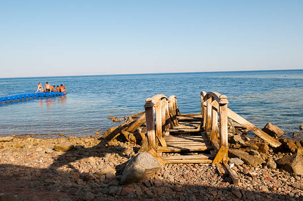 Dahab, Egypt - May 30, 2010: A walkway leads into the water at the Blue Hole, a popular scuba diving spot on the Sinai Peninsula just outside Dahab, Egypt. People sit together beside the sea.