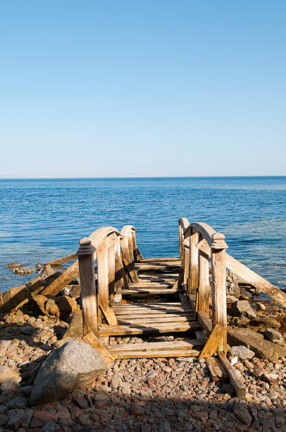 A walkway leads into the water at the Blue Hole, a popular scuba diving spot on the Sinai Peninsula just outside Dahab, Egypt.