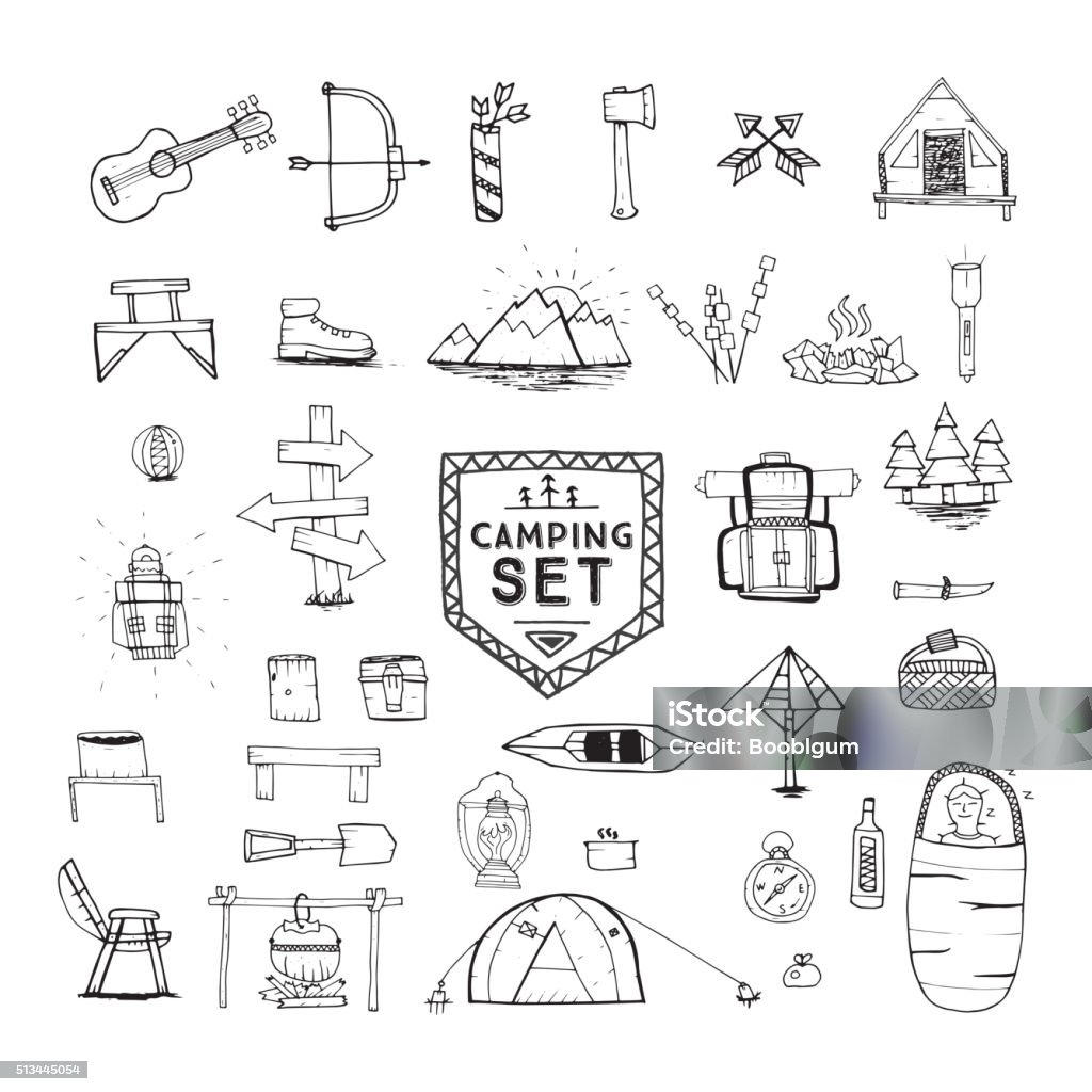 Hand drawn camping, hiking or mountain climbing icons set. Hand drawn camping, hiking or mountain climbing icons set. Travel and adventure collection. Vector illustration. Objects isolated on white. Doodle stock vector
