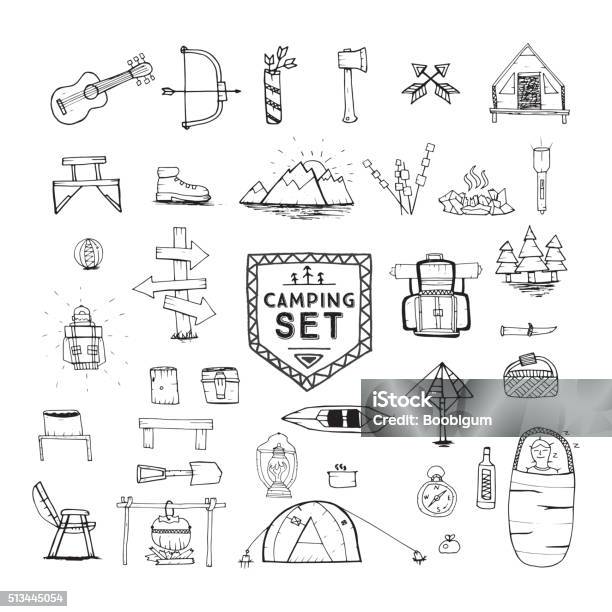 Hand Drawn Camping Hiking Or Mountain Climbing Icons Set Stock Illustration - Download Image Now