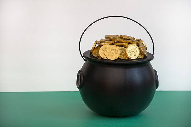 istock leprechaun gold in black pot 513445152