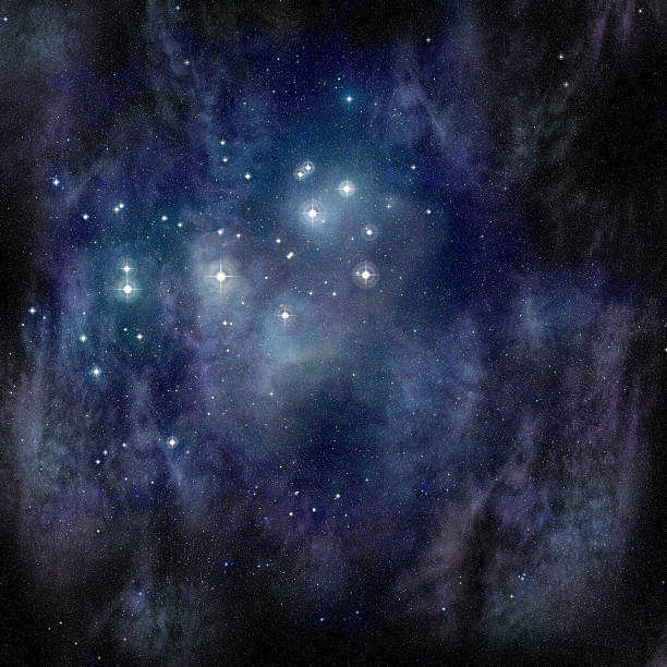 Pleiades (Seven Sisters) in the Taurus Constellation Computer-generated universe showing the Pleiades (M45 or the Seven Sisters) located in the Taurus constellation. Positioning of the stars were carefully mapped from NASA's mosaic of the Pleiades images available in the public domain.  the pleiades stock pictures, royalty-free photos & images