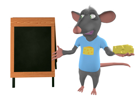 illustration of a cartoon mouse showing blank board - 3D render