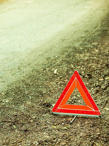 istock Breakdown of car. Red warning triangle sign on road 513449567