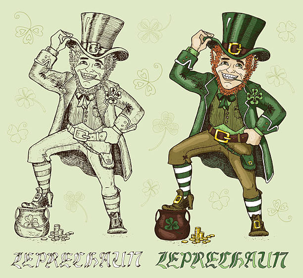 ilustraciones, imágenes clip art, dibujos animados e iconos de stock de conjunto de dibujado a mano y en forma de trébol duendes - leprechauns