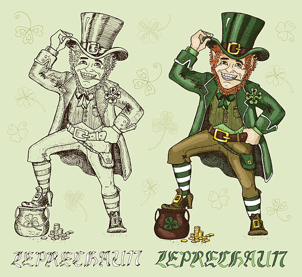 Set with hand drawn leprechauns and clover St. Patricks Day card symbol. Colorful and engraved Leprechaun with pot of gold on green textured background. Line art doodle vector illustration with hand drawn happy smiling dwarf and text. pot of gold picture stock illustrations