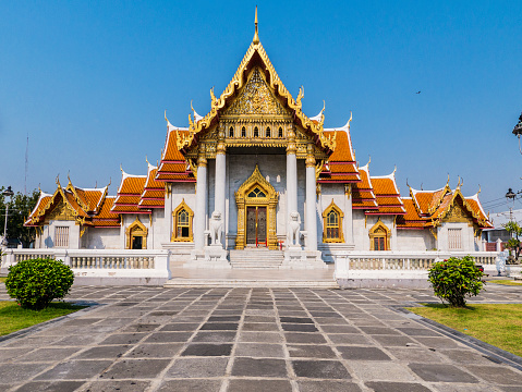 Wat Benchamabophit temple complex in Bangkok Thailand. One of the most beautiful Buddhist temples in Thailand. Construction started in 1899.