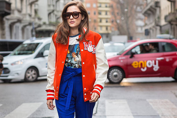 Eleonora Carisi before the Antonio Marras show Milan, Italy - February 27, 2016: Eleonora Carisi wearing a Reebok jacket before the Antonio Marras show during the Milan Fashion Week Fall/Winter 2016/2017. milan fashion week stock pictures, royalty-free photos & images