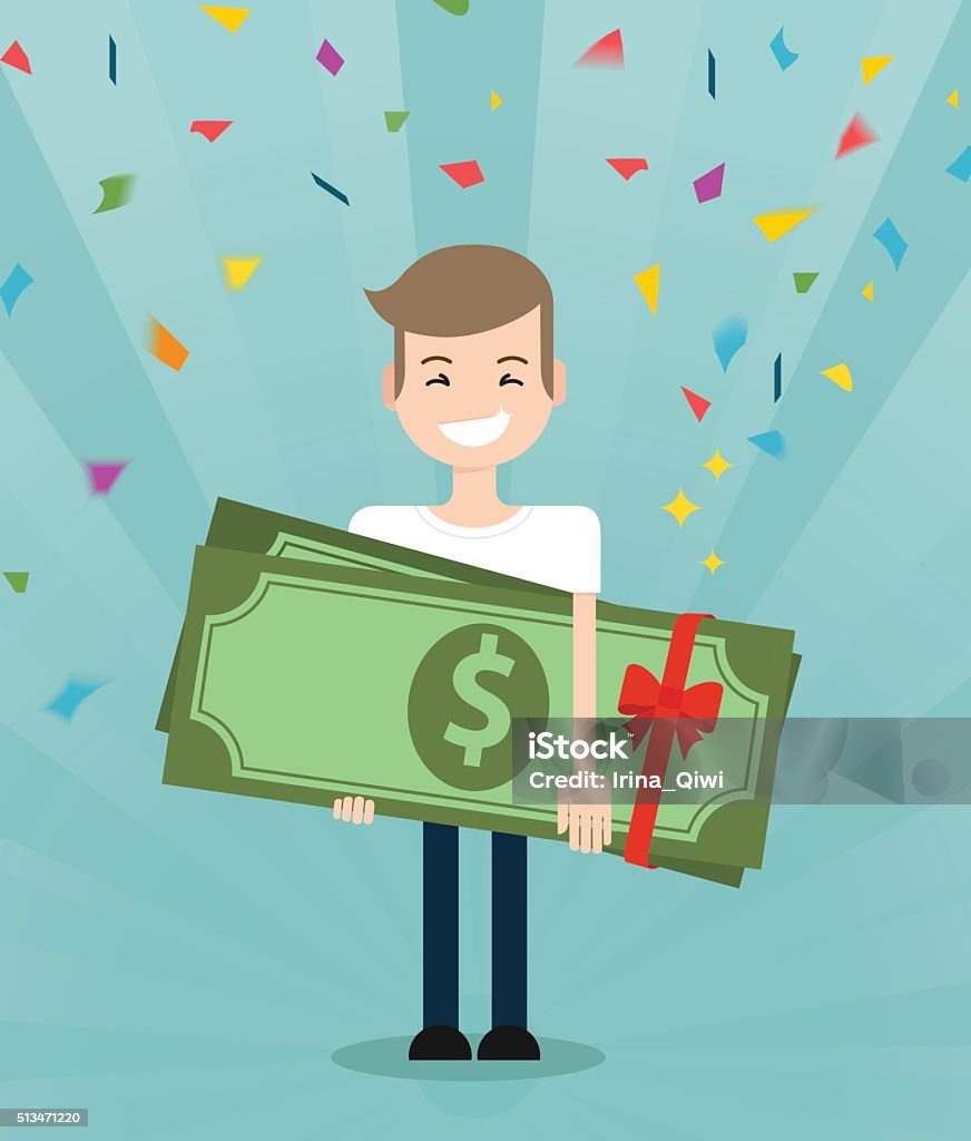 Young  guy enjoying and holding huge gift pack of green Young brunette guy really happy enjoying and holding huge gift pack of green money/dollars with both hands. Win in a lottery concept Currency stock vector