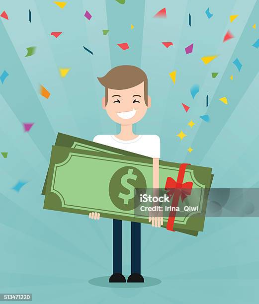 Young Guy Enjoying And Holding Huge Gift Pack Of Green Stock Illustration - Download Image Now