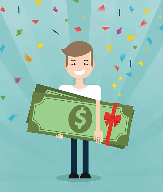 Vector illustration of Young  guy enjoying and holding huge gift pack of green