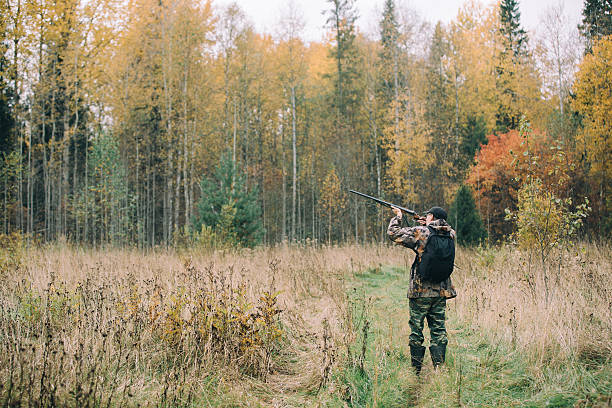 Male hunter in the woods Male hunter in the woods woodland camo stock pictures, royalty-free photos & images