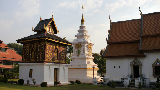 Wat Hua Khuang is composed of a distinctive Lana-Lan Xang style chedi with four Buddha niches. This maybe one of the city's oldest wat through the temple's founding date is unknown. Nan province, Northern Thailand.