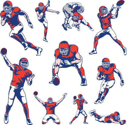 Illustration set of american football players. All colors are separated in layers. Easy to edit. Black and white version (EPS10,JPEG) included.