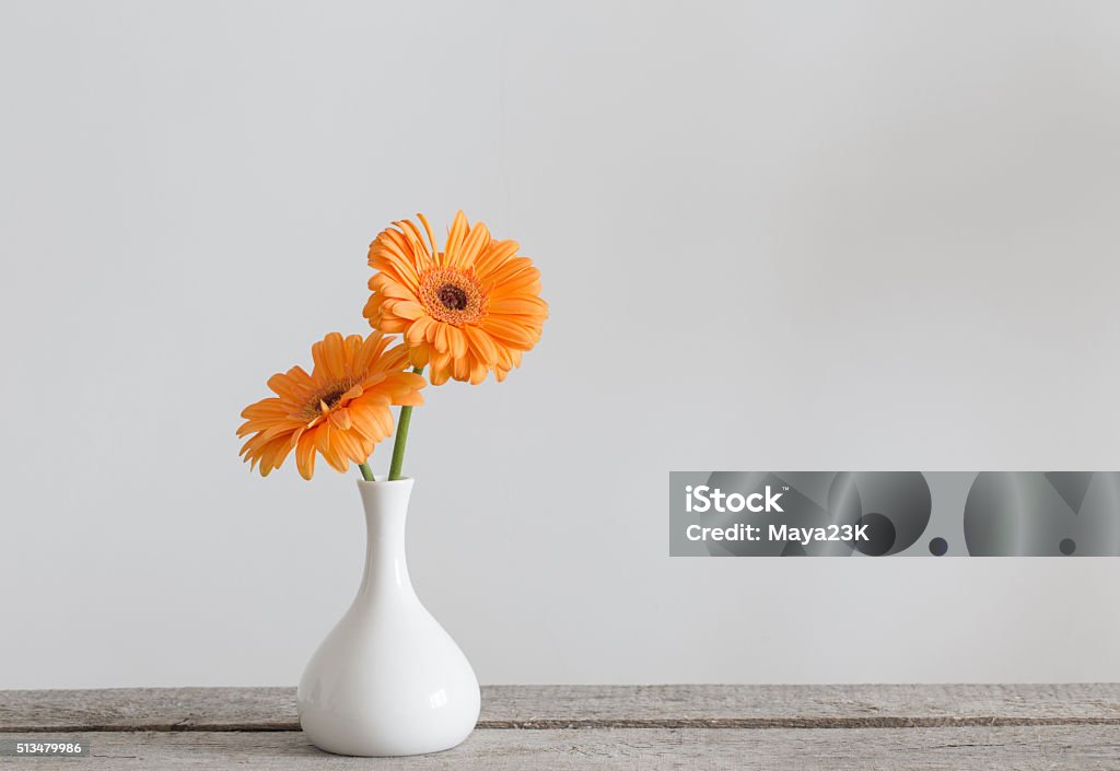 Gerbera in vase on old wooden table Vase Stock Photo