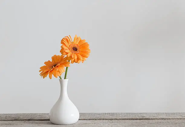 Photo of Gerbera in vase on old wooden table