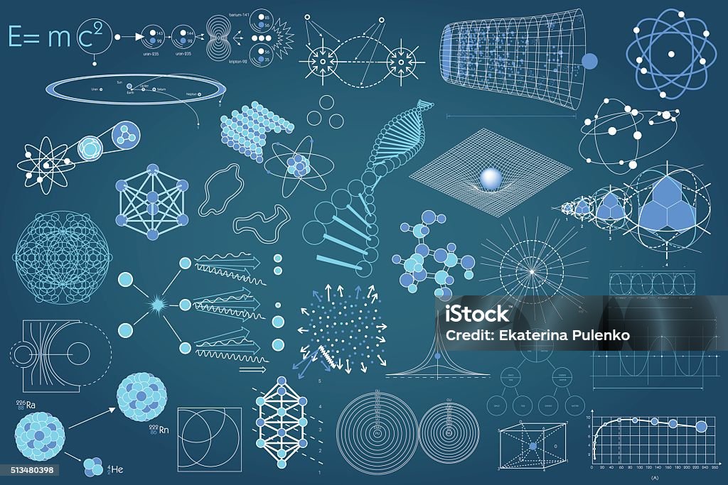 Collection of elements, symbols and schemes of science Collection of elements, symbols and schemes of physics, chemistry and sacred geometry. The science theme. Sketch stock vector