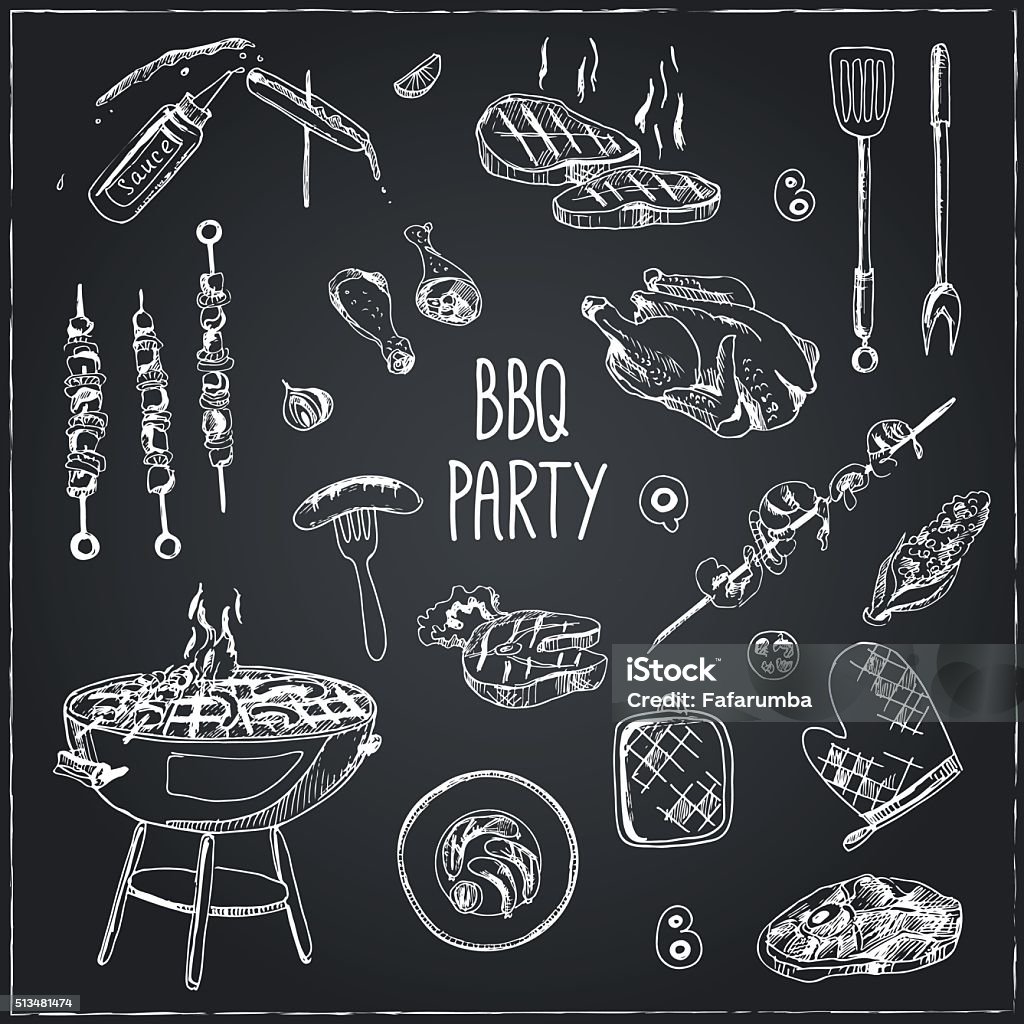 Vector hand drawn set with barbecue tools. Vector hand drawn set with barbecue tools. Vintage illustration for design menus, recipes and packages product. Barbecue - Meal stock vector