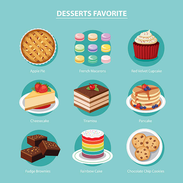 ilustrações, clipart, desenhos animados e ícones de conjunto de vetor de sobremesas favoritas de projeto 2d - tiramisu dessert cake gourmet