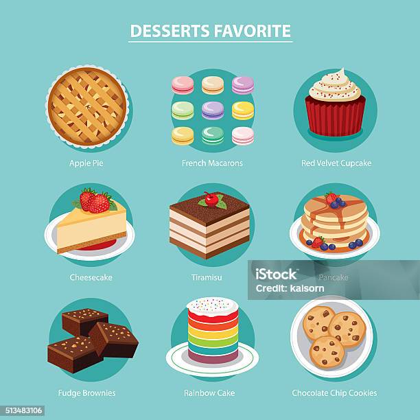 Vector Desserts Favorite Set Flat Design Stock Illustration - Download Image Now - Cookie, Brownie, Cupcake