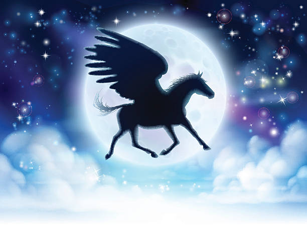 ilustraciones, imágenes clip art, dibujos animados e iconos de stock de pegasus vuelo luna silueta - mythology horse pegasus black and white