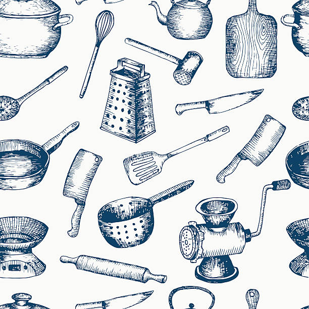illustrations, cliparts, dessins animés et icônes de vecteur sans couture main motif dessinée les ustensiles de cuisine. - kettle foods