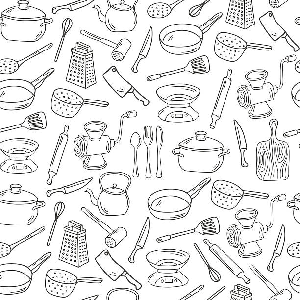 illustrations, cliparts, dessins animés et icônes de vecteur sans couture main motif dessinée les ustensiles de cuisine. - kettle foods