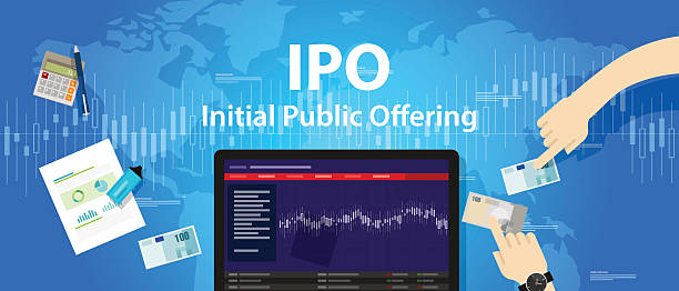 ipo " anfängliche öffentliche angebot bestände markt firma - investment finance frequency blue stock-grafiken, -clipart, -cartoons und -symbole