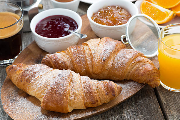 istock delicious breakfast with fresh croissants on wooden table 513486326