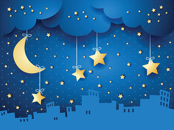 ilustraciones, imágenes clip art, dibujos animados e iconos de stock de surrealista de la mano de fondo con luna y del horizonte - city night spooky skyline