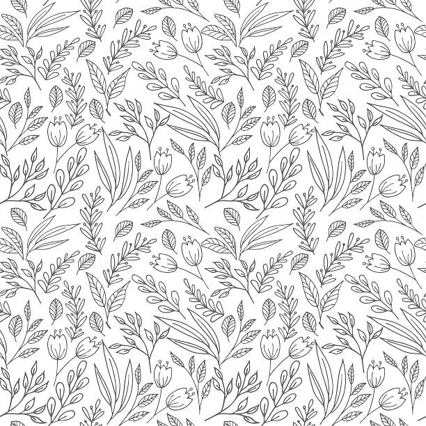 Floral seamless pattern with flowers and plants Floral seamless pattern with hand drawn flowers and plants. May be used as a coloring book coloring illustrations stock illustrations