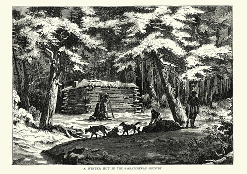 Vintage engraving showing fur trappers at a winter hut in the Saskatchewan country, 19th Century