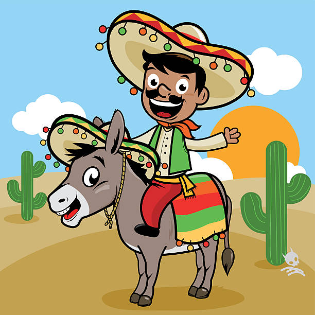 Mexican man riding a donkey in the desert Vector illustration of a cartoon Mexican man wearing a traditional costume and sombrero riding a donkey in the desert. mexican mule stock illustrations