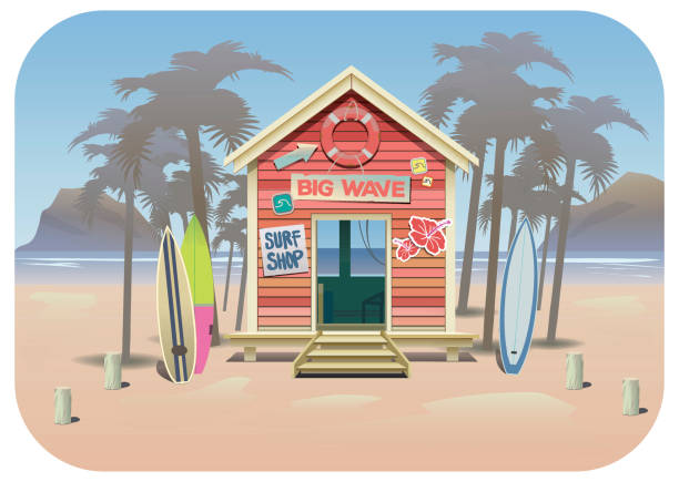 Summer beach surf shak Vector illustration of a surf shak. With surfboards and beach enviroment. EPS10 File. All elements are in separate layers . Easy to modify beach hut stock illustrations